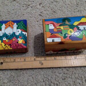 Hand - painted Wooden Trinket Boxes - 2 vintage